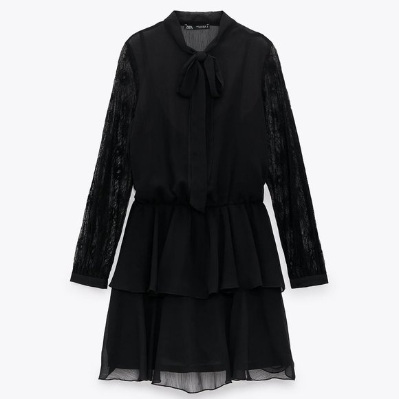 NEW Zara Black Lace Bow Neck Ruffled Mini Dress - Picture 6 of 11